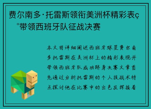 费尔南多·托雷斯领衔美洲杯精彩表现带领西班牙队征战决赛