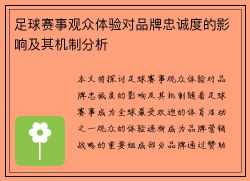 足球赛事观众体验对品牌忠诚度的影响及其机制分析