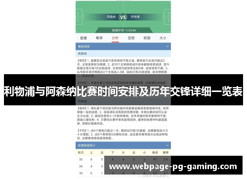 利物浦与阿森纳比赛时间安排及历年交锋详细一览表